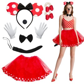 Xerteam Maus Mouse Kostüm, Damen Mini Maus Kostüm, Ballettkleider Tutu + Maus Ohren + Nase + Fliege + Schwanz + Handschuhe + Haargummis, Kinderkostüme Mädchen Cosplay Kostüm(Rot)