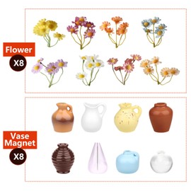 8pcs Mini Vase Fridge Magnets with Colorful Fake Flowers – 3D Ceramic Mini Fridge Magnet Vases, Cute INS Style Magnets for Refrigerator, Kitchen, Office Decor, Strong Magnets for Fridge
