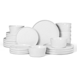 Herogo 24 Pieces Dinnerware Dishes Set for 8, Handmade Stoneware Dining Plates and Bowls Sets, Double Reactive Glaze, Microwave & Dishwasher Safe, Scratch Resistant, Pearl White