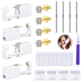 DJCIW 21PCS Gold Ear Piercing Kit,Disposable Ear Piercing Gun Kit with 4 Pcs Self Piercing Gun and Bult-in in Stainless Steel Ear Stud 5mm CZ,S925 Ear Sticks and Waterproof Ear Cover For Ear Piercing