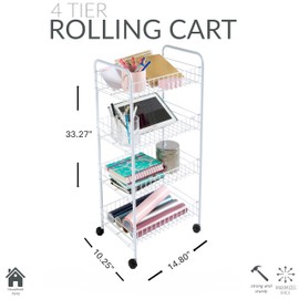 Simplify 4 Tier Rolling Storage Cart | Wheels for Mobility | Multipurpose | Kitchen & Pantry | Bedroom & Bathroom | Office | Organization | Craft Room | Kids Playroom | White