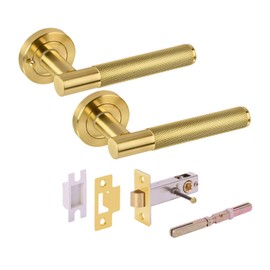 HANDLEZONE® Evo Knurled Grip Privacy Lever On Round Rose Door Handles, with Privacy Latch, for Bathroom, Toilet, WC Doors, 1 Set - Satin Brass