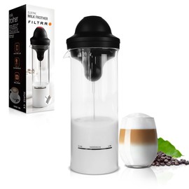 Filtrro Milk Frother with Glass Pitcher, Frother Handheld Battery Operated, Foam Maker for Coffee, Latte, Cappucino, Hot Chocolate, Salad Dressing