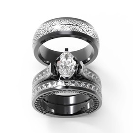 TWO RINGS His Hers Wedding Ring Sets Couples Rings Women's 10k Black Gold Filled White CZ Wedding Engagement Ring Bridal Sets & Men's Titanium Wedding Band