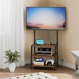 HOOBRO Rolling TV Stand with Mount and Power Outlet Up to 55 inch TV, Corner Entertainment Center, Small TV Stand with 3-Tier Storage Shelves for Living Room, Bedroom, Black and Walnut BH66UDS01