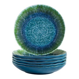 Melamine Pasta Bowls Large Salad Bowls Set 9 inch Sets of 6 pcs Soup Bowls Wide Shallow Flat Turquoise Teal Round Dinnerware Tableware Dishwasher Safe Not Microware Not Oven