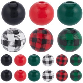 SOFPLATE Pack of 210 Christmas Wooden Beads, 16 mm, Checked Wooden Beads, Bulk Pack, Farmhouse, Red, Green, Black, Christmas Tree, Buffalo Print, Round Wooden Spacer Beads for Beading, DIY, Crafts,