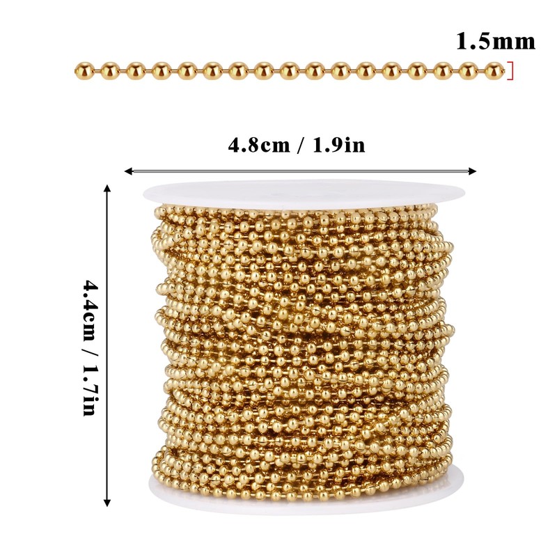 50FT Gold Ball Chain 1.5mm Stainless Steel Bead Chain for