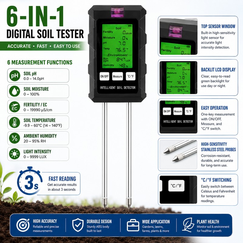 6-in-1 Digital Soil Tester for Plant Care – pH, Moisture,