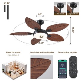 PHORUS 52 Inch Tropical Ceiling Fans with Lights and Remote,Outdoor Palm Leaf Ceiling Fan for Patios Porch Bedroom, Dimmable, 6 Speeds, Reversible, Dark Brown