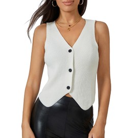 Usweetie Women Vest Tops Sleeveless V Neck Button Knit Sweater Vest White S