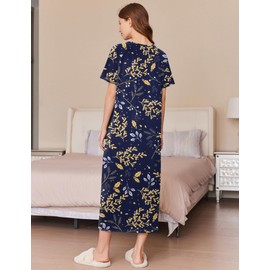 Ekouaer Women's Zipper Robes Full Length Short Sleeve Housecoats House Dress with Pockets Loungewear Nightgown Yellow Leaves,XL