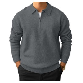 Men's Casual Knit Polo Sweater Classic Long Sleeve Thermal Basic Zip Collar Shirts Grey