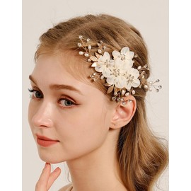 Wekicici Flower Bride Wedding Hair Comb Floral Gold Crystal Pearl Hair Piece Headpiece Bridal Flower Rhinestone Side Comb Hair Accessories for Women