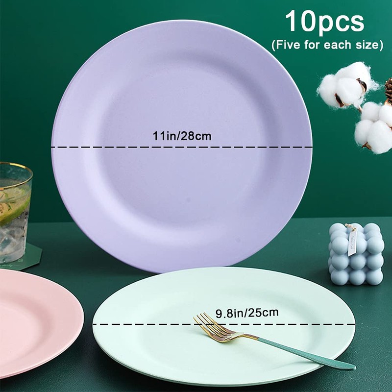 10inch 11inch Dinner Plates Set of 10, Reusable Wheat Straw