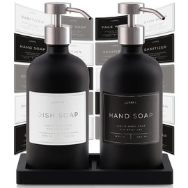 Lusspa Lotion, Hand & Dish Soap Dispenser for Kitchen Sink - Bathroom Soap Dispenser Set of 2 16.8 Oz Glass Bottles with Stainless Steel Pump, 15 Water Proof Labels & Silicon Tray (Black/Silver)