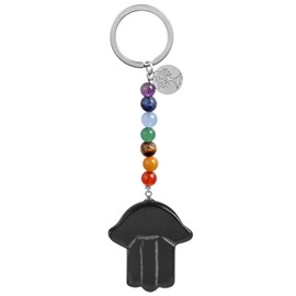 KYEYGWO Crystal Hamsa Hand of Fatima Key Ring with Tree of Life Pendant, 7 Chakra Stone Key Ring, Healing Stone, Hand Plate, Bag Pendant, Talisman Lanyard, black