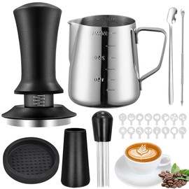 Coffee Tamper Set 51 mm, Espresso Tamper Set 22 Pieces, Barista Accessory Set with Frothing Jug, Tamper, Mixing Spoon, Tamper Mat, Coffee Stirrer, Latte Art Pen and Decorative Stencils for Espresso