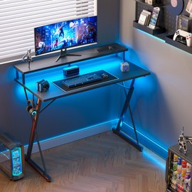 TIQLAB Gaming Desk with Power Outlets & LED 47 Inch Ergonomic Computer Carbon Fiber Surface Gamer Desk, Large Monitor Stand, Headphone Hook, PC Workstation for Bedroom, Black Desk