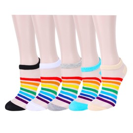Women Girls Nylon Socks Lace Sheer Ankle Socks Transparent Mesh Ultrathin Striped Rainbow Socks Novelty See Through Clear Socks, Rainbow Striped-5 Pair Medium
