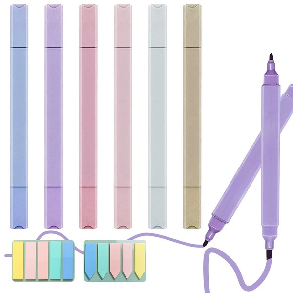 6 Double Sided Coloured Highlighters with 200 Index Stickers, Mild