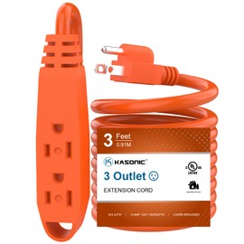 3-Feet 3 Outlet Extension Cord, Kasonic UL Listed, 16/3 SJTW 3-Wire Grounded, 13 Amp 125 V 1625 Watts, Multi-Outlet Indoor/Outdoor Use, Orange