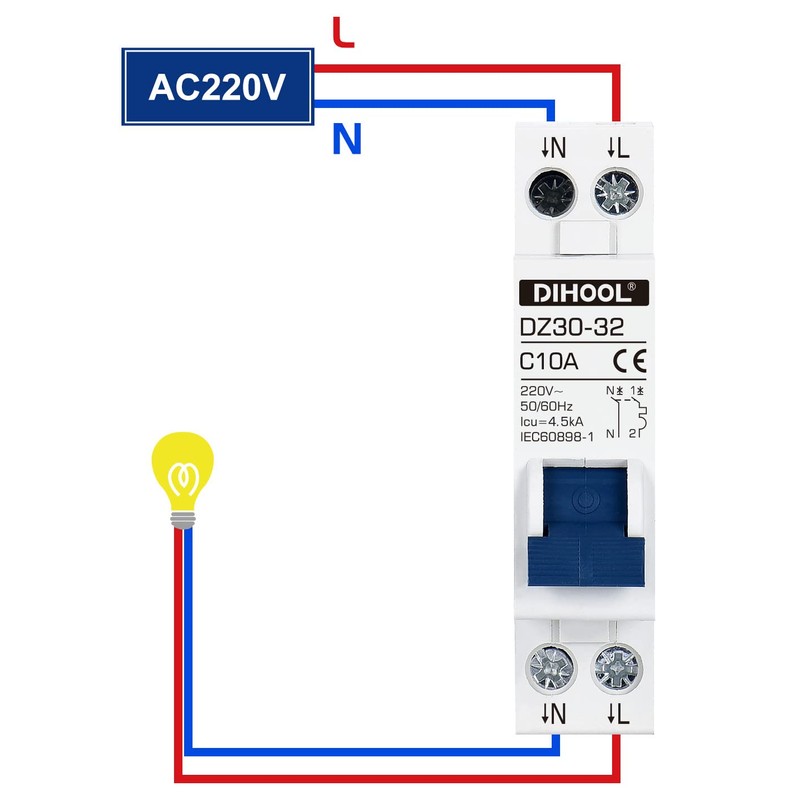 DIHOOL MCB Circuit Breaker 1P+N 10A phase line + neutral