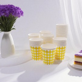 excvalues Gingham Party Yellow Paper Drinking Cups, 100 Pack 9 oz Checkered Cups Disposable Plaid Party Supplies Decorations, for Picnic Birthday Baby Shower Wedding(Yellow)