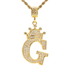 UALGL A-Z Letters Necklace Crown Necklace for Men Women 18K Gold Plated Letters Pendants with 23'' Chain Hip Hop Alphabet Name Jewelry Mom Gifts (Yellow G)