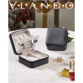 Vlando Travel Jewelry Case, Small Jewelry Travel Organizer Box for Girls Women with Mirror Black