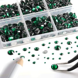 Beadsland Pack of 8300 Flat Back Rhinestones, Green Rhinestone Nail Stones, Round Crystal Rhinestones for Crafts, Mixed 10 Sizes with Wax Pen and Tweezers Kit, SS3-SS30, Emerald Green