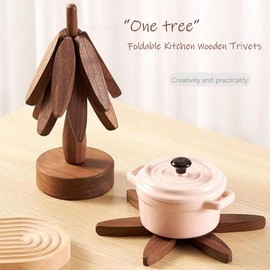 Wooden Trivets for Hot Dishes, Tree Shape Trivet Set, Foldable Kitchen Wooden Trivets, Tree Coaster for Hot Dishes、Pot、Bowl、teapot、hot Pot Holders (4 Piece-Walnut)