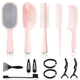 13pcs Hair Brush Set With Rat Tail Comb Fish Handle Wide Comb Detangling Hairbrush Women Chirstmas Gifts Salon Hair Styling Tool Partner At Home Straight And Smooth Paddle Brushes Pink