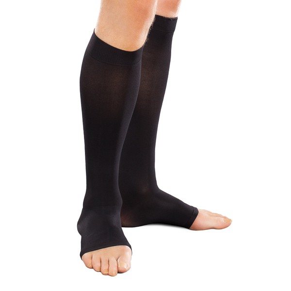 Therafirm Opaque Open-Toe Knee Highs - 30-40mmHg Firm Compression Stockings (Black, Medium Short)