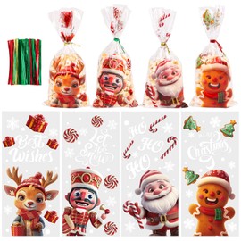 DERAYEE 120PCS Christmas Cellophane Treat Bags, Small Xmas Plastic Gift Bags Clear Cello Goodies Candy Bags with Twist Ties for Christmas Party Favors