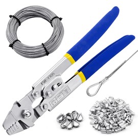 XOOL Wire Rope Crimping Tool with Built-in Cutter, Hand Swaging Tool with 66FT/20M 1/16'' Wire, 200PCS Aluminum Double Barrel Ferrule Crimping Loop Sleeve and 12PCS Stainless Steel Thimble
