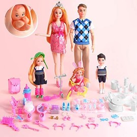 UCanaan Family Dolls Set of 6 People with Dad Pregnant Mom 3 Kids and Baby Boy in Mommy's Tummy and 70 Pcs Accessories for Education and Birthday Day Gift - Color: 6B