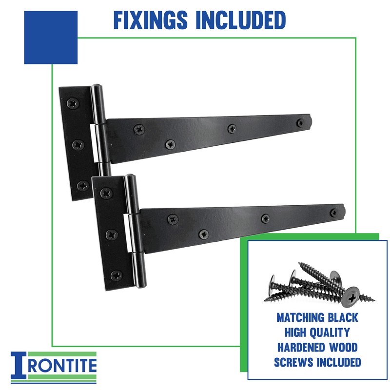 IRONTITE® 1 Pair Black T Hinges 200mm (8”), Gate Hinges