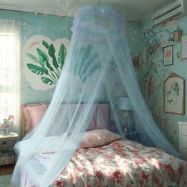 Eimilaly Lace Bed Canopy Mosquito Netting with Warm Lights, Princess Bed Canopy for Girls Room Decor, Blue/Single Door