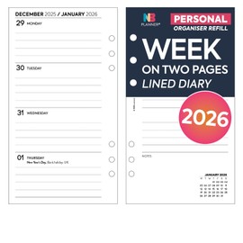 2026 Personal size week on two pages diary organiser refill lined white | UK holidays | Filofax Personal size compatible | 95 x 171 mm