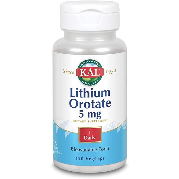 KAL Lithium Orotate 5 milligrams | Low Serving Of Chelated Lithium Orotate For Bioavailability and Mood Support | In Organic Rice Bran Extract Base | 120 VegCaps