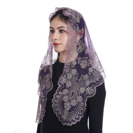 Bozidol Church Catholic Veils for Women, Purple Gold Camellia Floral Embroidered Lace Mantilla Chapel Veil, Lent Advent Latin Mass Prayer Head Coverings with Clips