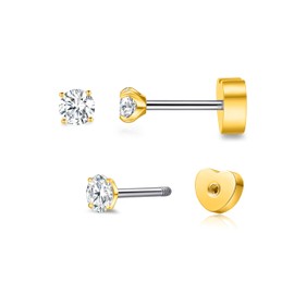 limerencia Hypoallergenic G23 Implant Grade Titanium Flat Back Earrings Double Sided Star/Heart Screw Back Stud Earrings with Cubic Zircinia for Women Men (Heart Golden,3mm)