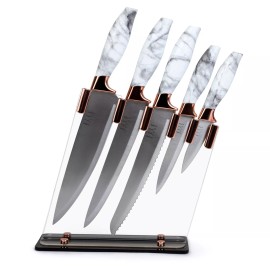 Elle Decor 5-Piece Professional Kitchen Knife Set Marble Handles & Rose Gold Acc