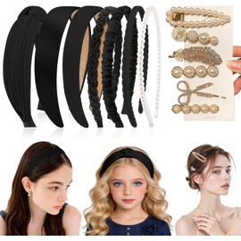13Pcs Diadema para Mujer y Accesorios de Pinzas para El Cabello Elegante Diadema Antideslizante Bandas de Moda para la Cabeza para Mujer Lindo y Divertido,Set de Diademas Kawaii Multiestilo (Negro)