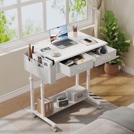 Small White Portable Rolling Standing Desk with Drawers & Storage Shelf, 32 Inch Mobile Stand Up Desk Adjustable Height with Wheels for Home Office, Kids Desks Couch Sofa Side Laptop Craft Table