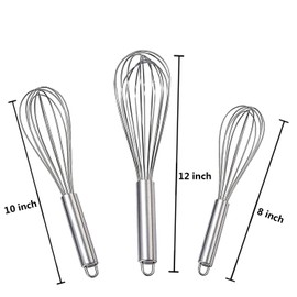 Stainless Steel Whisk, Whisk Set with Measuring Spoon and 8"+10"+12" Wire Whisk for Cooking Blending, Beating, Stirring, Baking (5 Pack Silver)