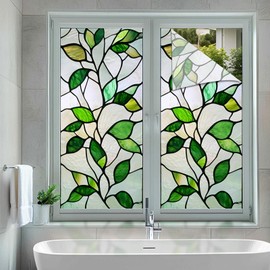 HOMETITUTE Privacy Window Film Green Leaf Decorative Window Cling Stained Glass Style Static Cling Glass Sticker for Cabinet Kitchen Bathroom Door Panel 17.7 x 39.3 Inch
