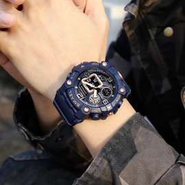 Boosns Mens Outdoor Sport Military Waterproof LED Digital Plastic Multifunction Fitness Watches (Dark Blue)