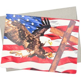 Patriotic American Flag Card, Religious America Card (1 Premium Quality Folded Card, Blank Inside, 5X7 Inches) Christian Cross and Bald Eagle Theme - 402